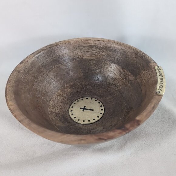 Mudpie Prayer Bowl Wood Wooden Brown Gold Cross Christian Catholic Boho MCM - Picture 6 of 9